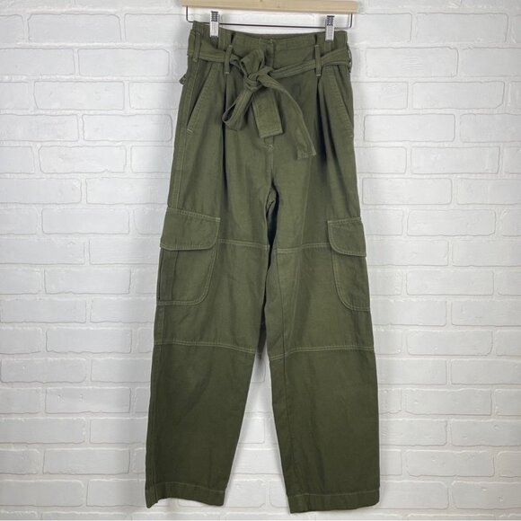 ❌SOLD❌ Aritzia Wide leg Cargo Pants linen cotton olive green tie front size 2 - Picture 2 of 13